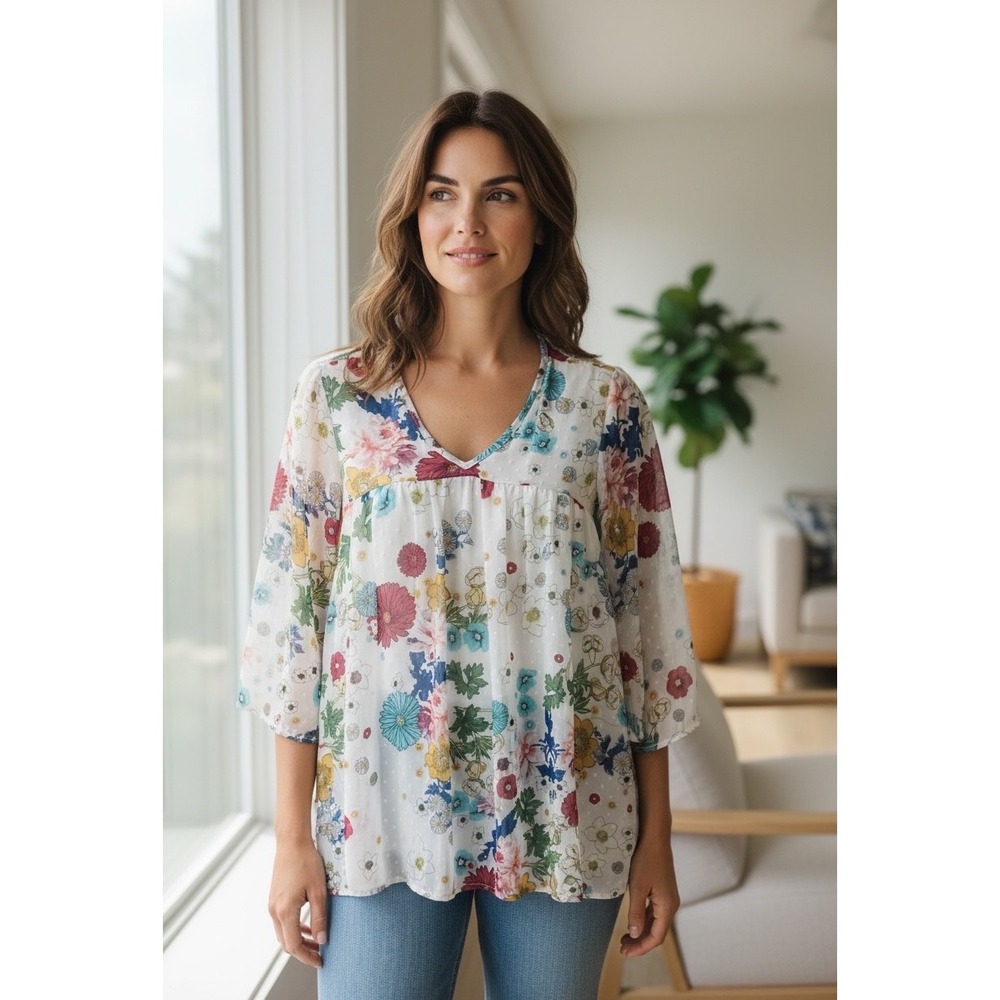 Chris & Carol Floral Clip Dot Babydoll Blouse V-Neck 3/4 Bell Sleeve S-Boho